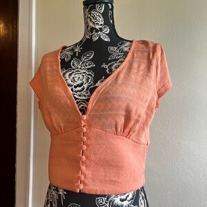 Women's Coral V-Neck Button-Front Crop Top